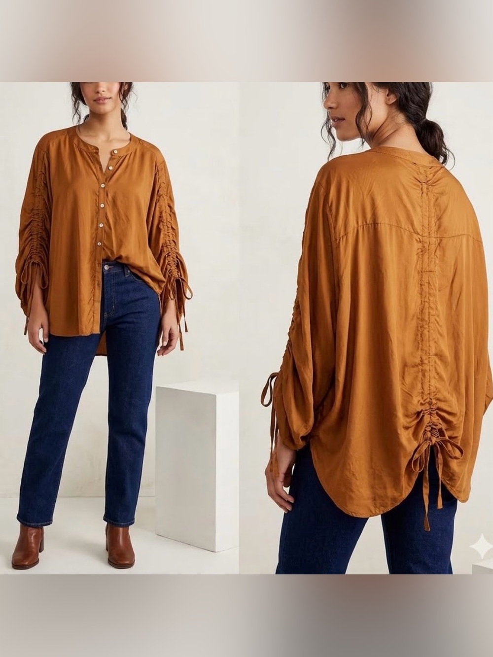 Free People Kiss Kiss Blouse S/P100% Silk Honey Topaz Brown Mustard Button Front